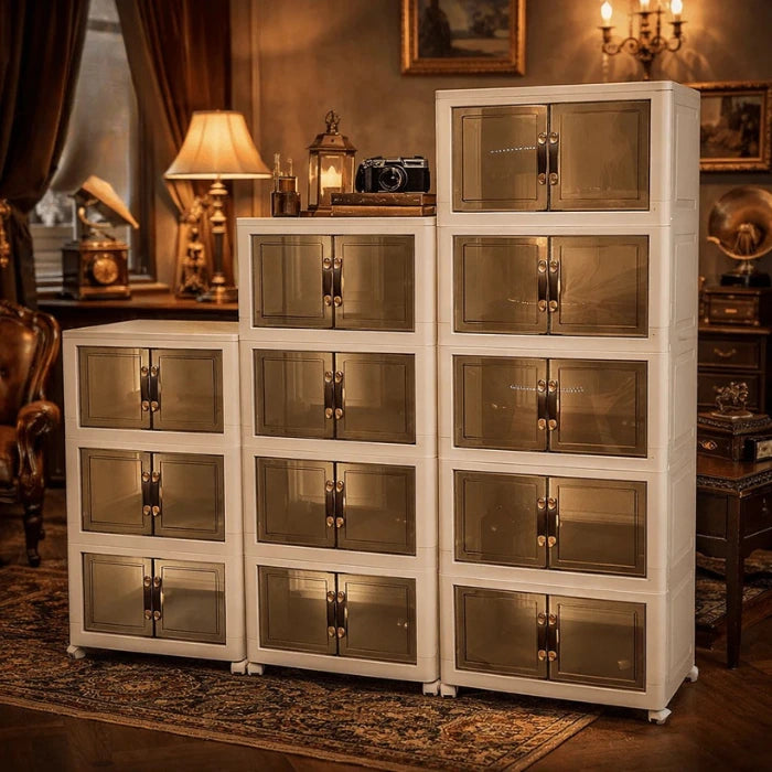 Foldable Transparent Storage Cabinet with Wheels & Magnetic Doors