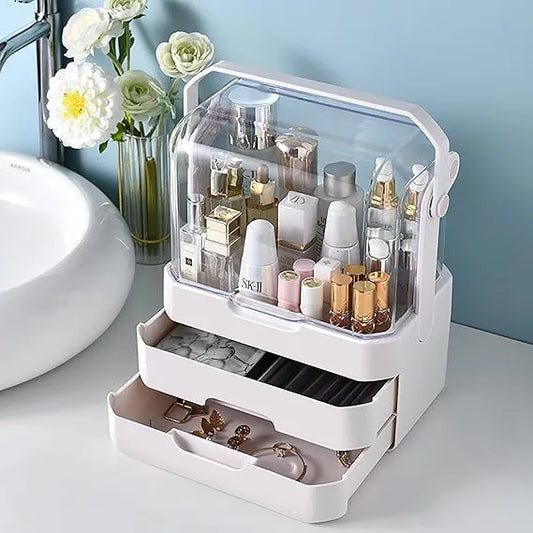 Luxury Makeup Organizer Box with Transparent Cover & Drawers – Large Cosmetic Storage for Dressing Table