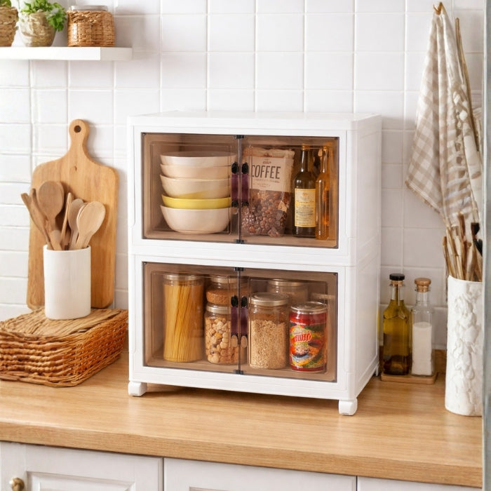 Foldable Transparent Storage Cabinet with Wheels & Magnetic Doors