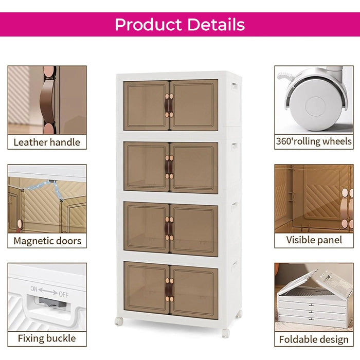 Foldable Transparent Storage Cabinet with Wheels & Magnetic Doors