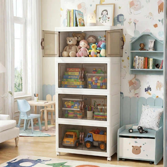 Foldable Transparent Storage Cabinet with Wheels & Magnetic Doors