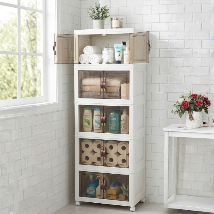 Foldable Transparent Storage Cabinet with Wheels & Magnetic Doors