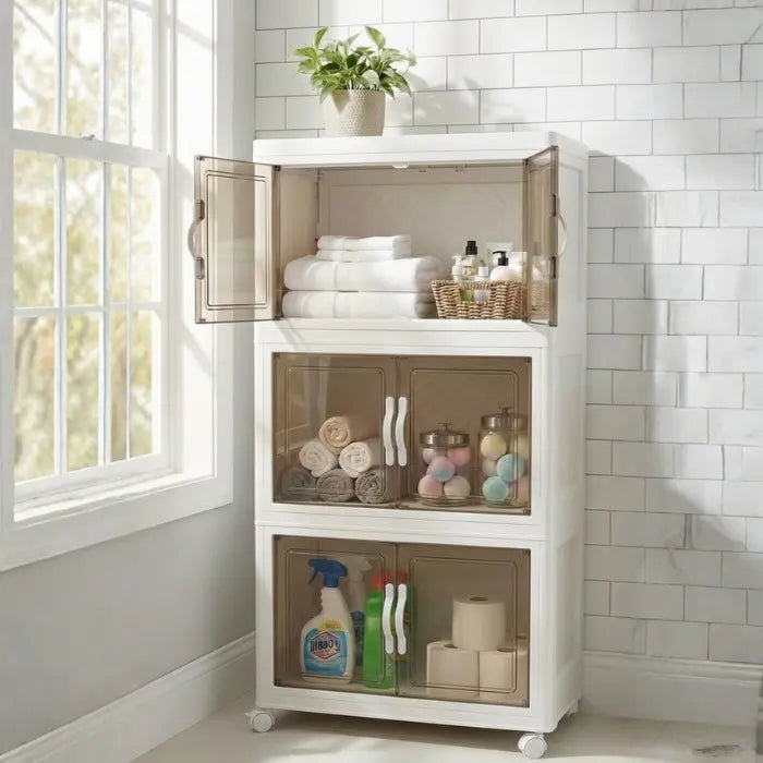 Foldable Transparent Storage Cabinet with Wheels & Magnetic Doors