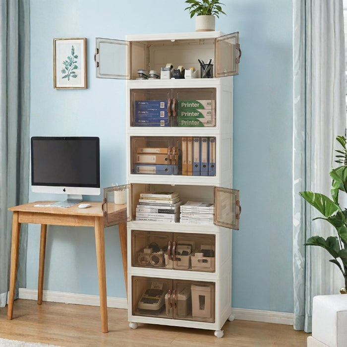 Foldable Transparent Storage Cabinet with Wheels & Magnetic Doors