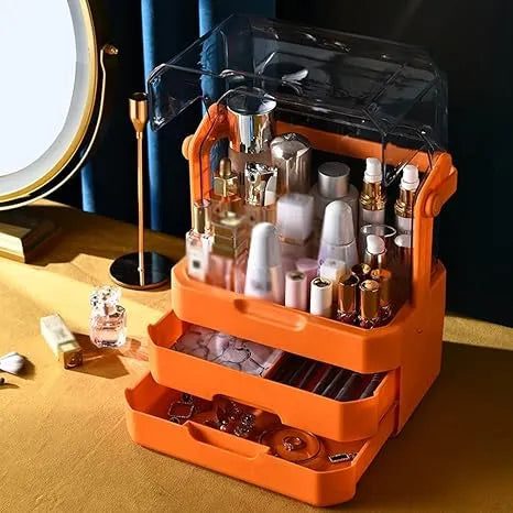 Luxury Makeup Organizer Box with Transparent Cover & Drawers – Large Cosmetic Storage for Dressing Table